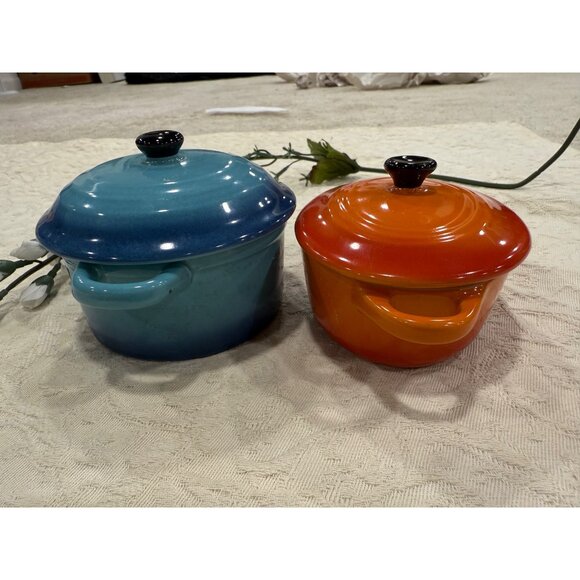 Miniature Blue & Orange Ceramic Casserole Dishes With Lids Butlers - Picture 3 of 14